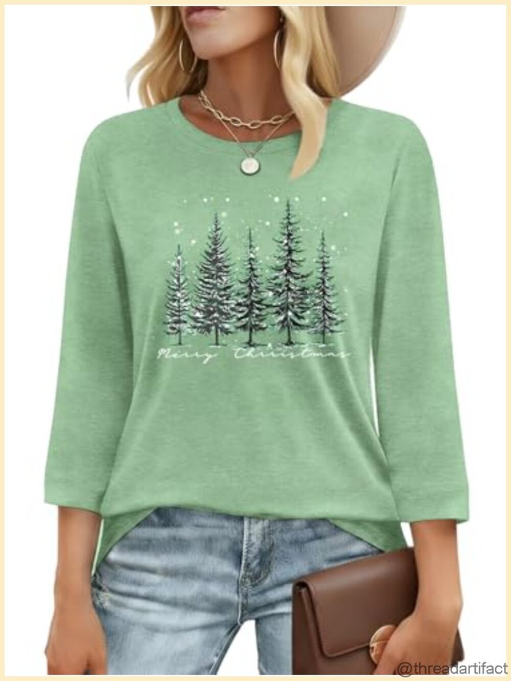 Merry Christmas T-Shirt 3/4 Sleeve Crew Neck Pullover Women's